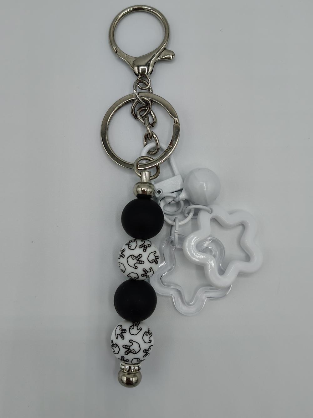 Handcrafted Black & White Peace Sign Beaded Keychain / Bag Charm